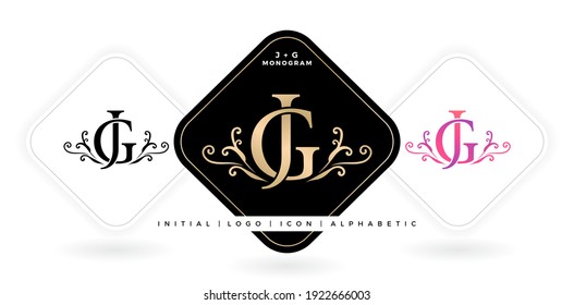 JG or GJ initial letter and graphic name, JG or GJ Monogram, for Wedding couple logo monogram, logo company and icon business, with three colors variation designs with isolated white backgrounds