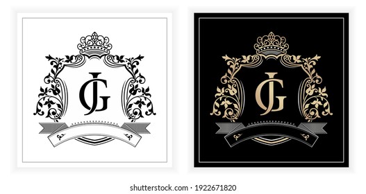 JG or GJ initial letter and graphic name Frames Border of floral designs with two variation colors,, JG or GJ Monogram, Applicable for emblem, insignia, initial frames, wedding, fashion and jewelry