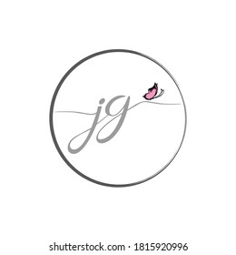 JG initial letter handwriting logo design with butterfly