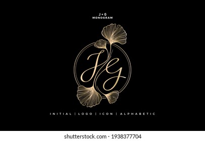 JG initial letter script and graphic name with ginkgo leaf, JG or GJ Monogram, for Wedding couple logo monogram, logo company and icon business, with golden colors designs isolated black backgrounds