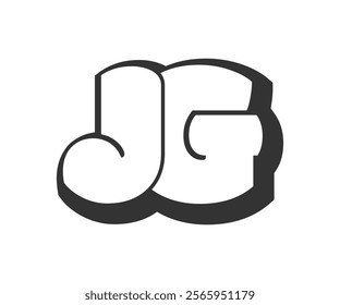 JG logo, bubble comic lettering, rounded in graffiti style black and white silhouette. Trendy preschool J and G letter text for festival party, personal initials, children funky print and web. 