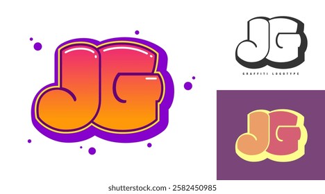 JG logo design for festival or party. Initial letter j and g in graffiti style. Creative modern lettering company name of font typography. Kids trendy logotype or identity. Vector illustration.