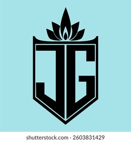 JG Logo featuring a minimalist design with a crown-like flower symbol on top, bold black elements, and a soft blue background, perfect for branding and modern visual identity.