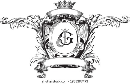 JG Monogram with Ornament Pattern and crown isolated