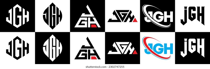 JGH letter logo design in six style. JGH polygon, circle, triangle, hexagon, flat and simple style with black and white color variation letter logo set in one artboard. JGH minimalist and classic logo