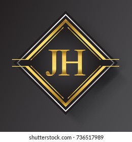 JH Letter logo in a square shape gold and silver colored geometric ornaments.