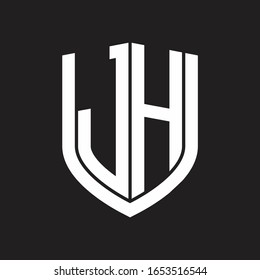 Monograma del logotipo JH con diseño de escudo de emblemas aislado en fondo negro