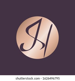 JH monogram logo.Calligraphic style circular emblem icon.Script lettering sign.Signature alphabet initials isolated on dark background.Hand written letter j and letter h.Metallic characters shape.