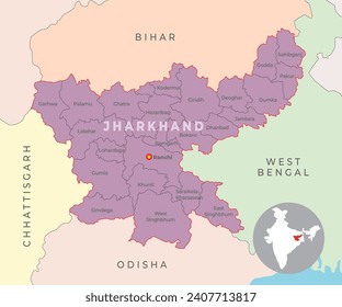 Jharkhand district locator map with neighbour state and country