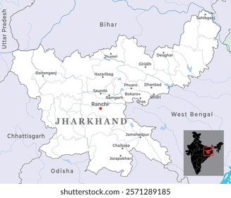 Jharkhand district map with capital Ranchi, marked most important cities, state of India