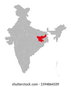 Jharkhand state highlighted red on indian map vector. Light gray background. Perfect for business concepts, backdrop, backgrounds, label, sticker, chart etc.