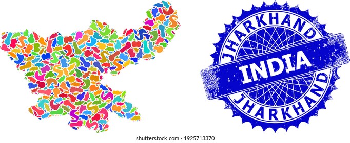Jharkhand State map abstraction. Spot mosaic map  and unclean stamp seal for Jharkhand State. Sharp rosette blue stamp seal with caption for Jharkhand State map.