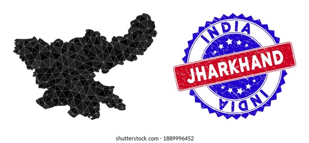 Jharkhand State map polygonal mesh with filled triangles, and grunge bicolor stamp seal. Triangle mosaic Jharkhand State map with mesh vector model, triangles have various sizes, and positions,