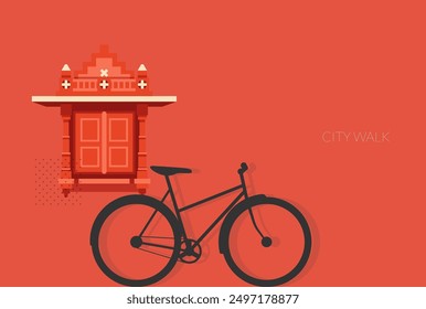 Jharokha - Elementos de ventana con bicicleta contra la pared roja - Ilustración de stock como archivo EPS 10