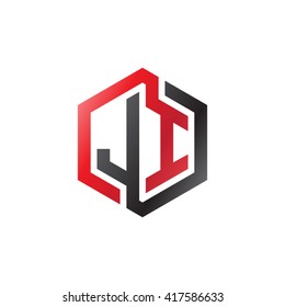 JI initial letters looping linked hexagon logo red black
