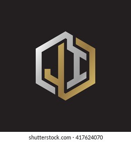 JI initial letters looping linked hexagon elegant logo golden silver black background