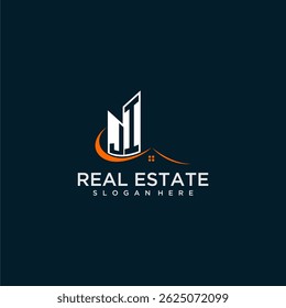 Edificio inicial del monograma de JI y logotipo del tejado para las propiedades inmobiliarias con diseño creativo del estilo del círculo