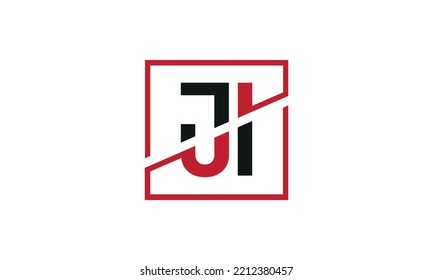 Diseño del logo de JI. Diseño monograma inicial de la letra JI en color negro y rojo con forma cuadrada.