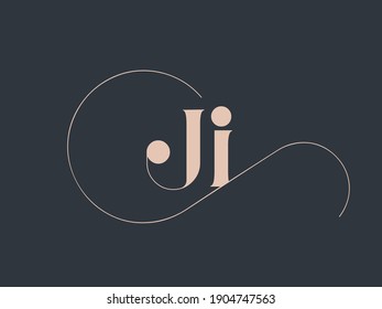 JI monogram logo. Abstract typographic deco signature icon. Letter j and letter i. Lettering sign isolated on dark background. Alphabet initials. Blush pink wedding characters and swirl element.