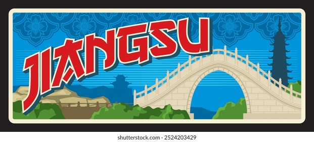 Província chinesa de Jiangsu, território de Kiangsu ou Chiangsu da China. Placa de viagem vetorial, sinal vintage, design de cartão postal retro. Placa com monumento Tiger Hill Pagoda e ponte no templo de Chengxu