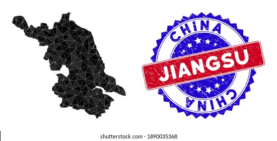Jiangsu Province map polygonal mesh with filled triangles, and rubber bicolor rubber seal. Triangle mosaic Jiangsu Province map with mesh vector model, triangles have various sizes, and positions,