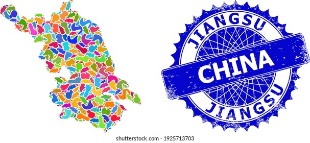 Jiangsu Province map vector image. Splash pattern map and rubber stamp seal for Jiangsu Province. Sharp rosette blue stamp seal with caption for Jiangsu Province map.