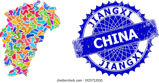 Jiangxi Province map template. Splash collage map and corroded stamp seal for Jiangxi Province. Sharp rosette blue seal with caption for Jiangxi Province map.