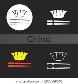 Jiaozi dark theme icon. Gyoza with chopsticks. Traditional dumpling. Chinese cuisine. Lunar New year celebration food. Linear white, simple glyph and RGB color styles. Isolated vector illustrations