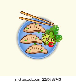  Jiaozi Vector Illustration Set, Hi-Quality Chopstick Plate Bowl Vegetable Jiaozi Dumpling Steam Bamboo Minimal Meal  Tasty Menu Delicious Food Isolated Illustration