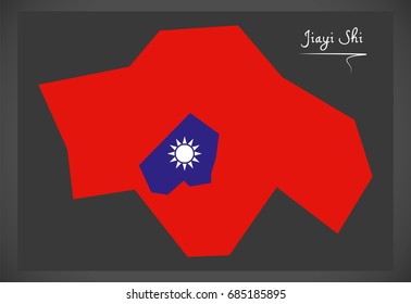 Jiayi Shi Taiwan Map With Taiwanese National Flag Illustration