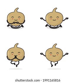 Jicama fruit cartoon. in a meditation pose, isolated on a white background