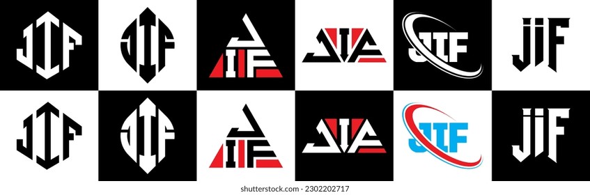 JIF letter logo design in six style. JIF polygon, circle, triangle, hexagon, flat and simple style with black and white color variation letter logo set in one artboard. JIF minimalist and classic logo