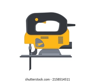 Jig Saw With Steel Toothed Blade. Vector Flat Woodworking Tool. Electric Hand Tool For Cutting Wood Or Metal. Building Equipment.