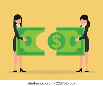 Jigsaw Banknoten und Verbindung, Partnerschaft oder Teamwork. Zwei Geschäftsfrauen verbinden Jigsaw-Banknoten