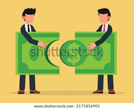 Jigsaw banknotes and Connection. Planning and solving financial puzzles, business metaphor of a joint venture, partnership or teamwork