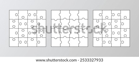 Jigsaw business chain infographic with 16 pieces. Puzzle grids collection. Puzzle infographics. Process diagram presentation. Business info graphic with steps, parts. Vector illustration