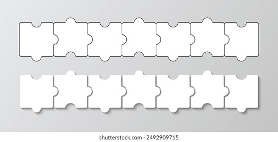 Jigsaw business chain infographic. Business info graphic with 7 steps Puzzle infographics grid. Process diagram presentation pieces, parts in a row. Vector illustration