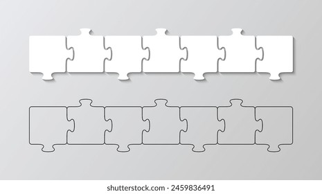 Jigsaw business chain infographic solid and outline. Puzzle infographics grid. Process diagram presentation with 7 pieces in a row. Business info graphic with steps, parts. Vector illustration