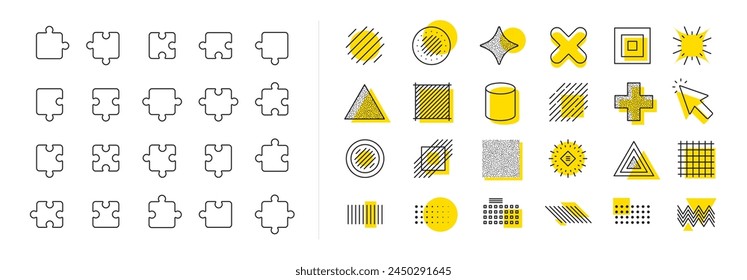 Jigsaw Challenge, Strategy, Puzzle pieces icons. Design shape elements. Puzzle line icons. Fun solution, Solve piece of problem. Tests person ingenuity or knowledge. Vector