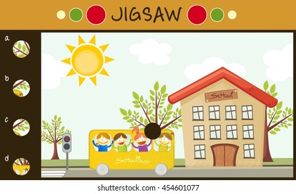 Jigsaw for children    school bus and kids in front school (vector)