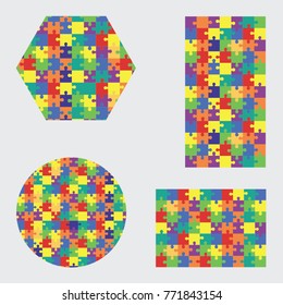 Jigsaw colorful puzzle four vector templates set of different size and form