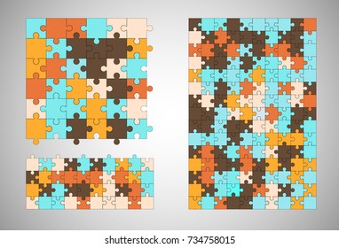 Jigsaw colorful puzzle three vector templates set of different size.