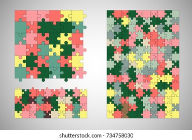 Jigsaw colorful puzzle three vector templates set of different size.