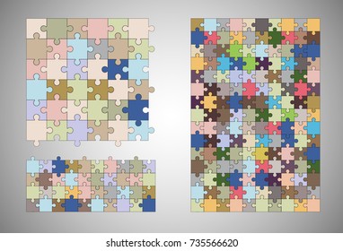Jigsaw colorful puzzle three vector templates set of different size.