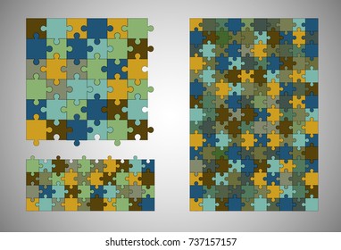 Jigsaw colorful puzzle three vector templates set of different size.