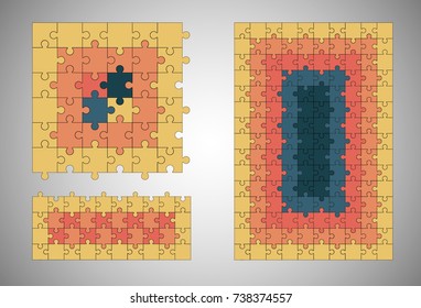 Jigsaw colorful puzzle three vector templates set of different size.