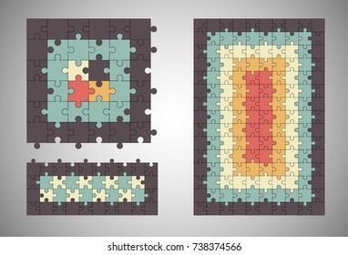 Jigsaw colorful puzzle three vector templates set of different size.