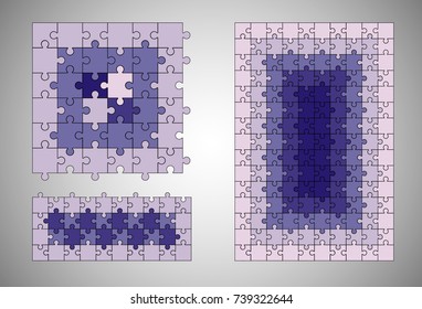 Jigsaw colorful puzzle three vector templates set of different size.