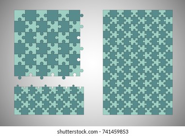 Jigsaw colorful puzzle three vector templates set of different size.