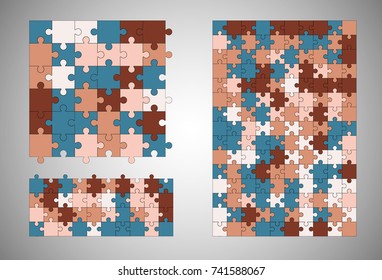 Jigsaw colorful puzzle three vector templates set of different size.